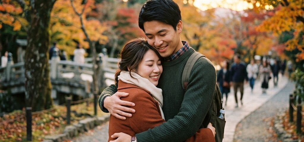 Couple hugging warmly on a stone pathway surrounded by autumn trees