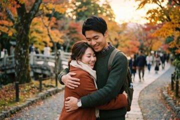 Couple hugging warmly on a stone pathway surrounded by autumn trees